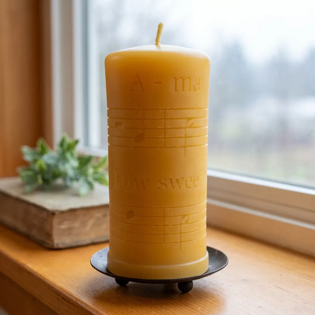 Handmade 100% pure beeswax Amazing Grace pillar candle in warm golden honey, the hymn's words and music carved into the wax, on a windowsill in soft natural light — Big Moon Beeswax.