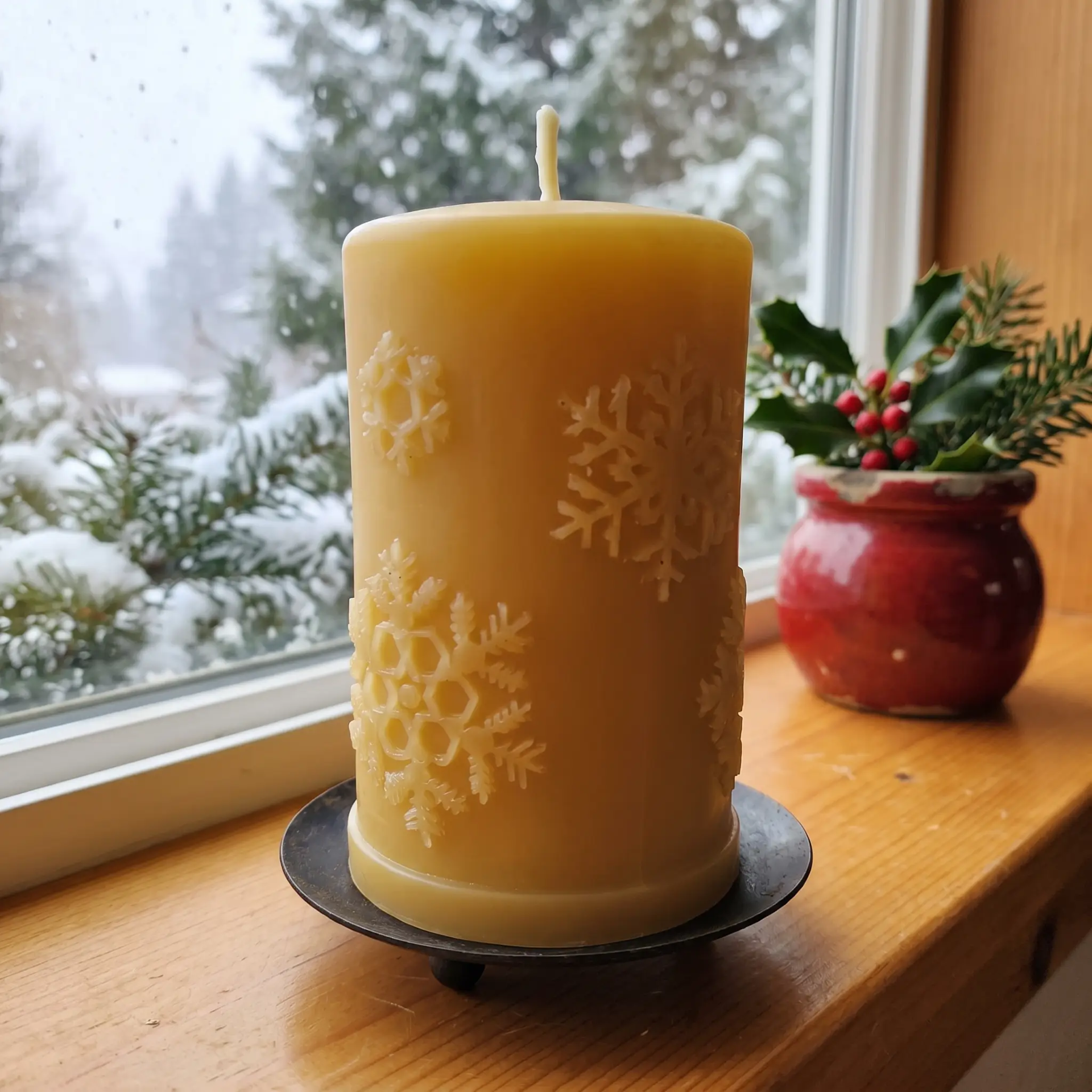 "Handmade 100% pure beeswax snowflake pillar candle in natural golden honey, on a windowsill with snow falling outside — Big Moon Beeswax First Snowfall."