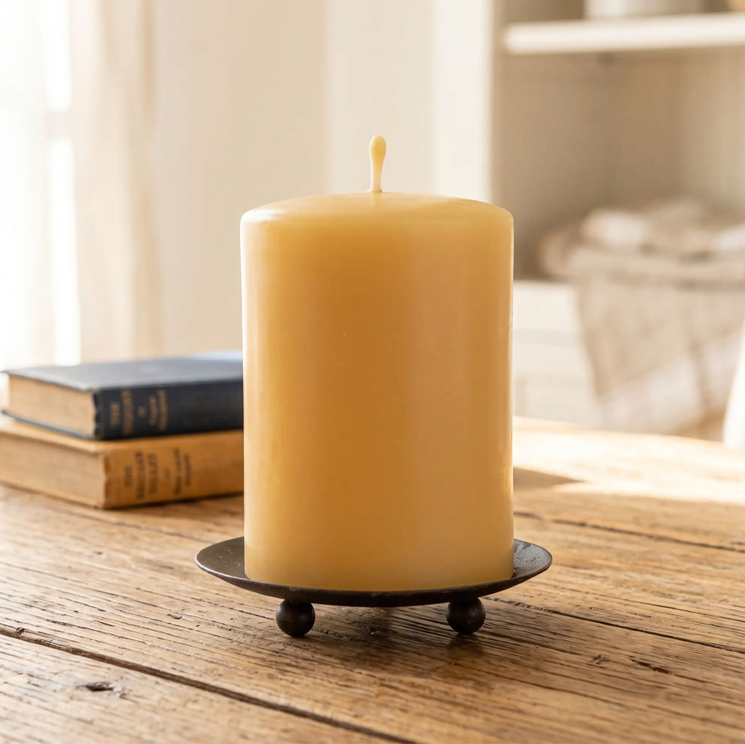 'Timeless' smooth pure beeswax pillar candle, unlit on a footed metal dish beside old books in a sunlit reading corner