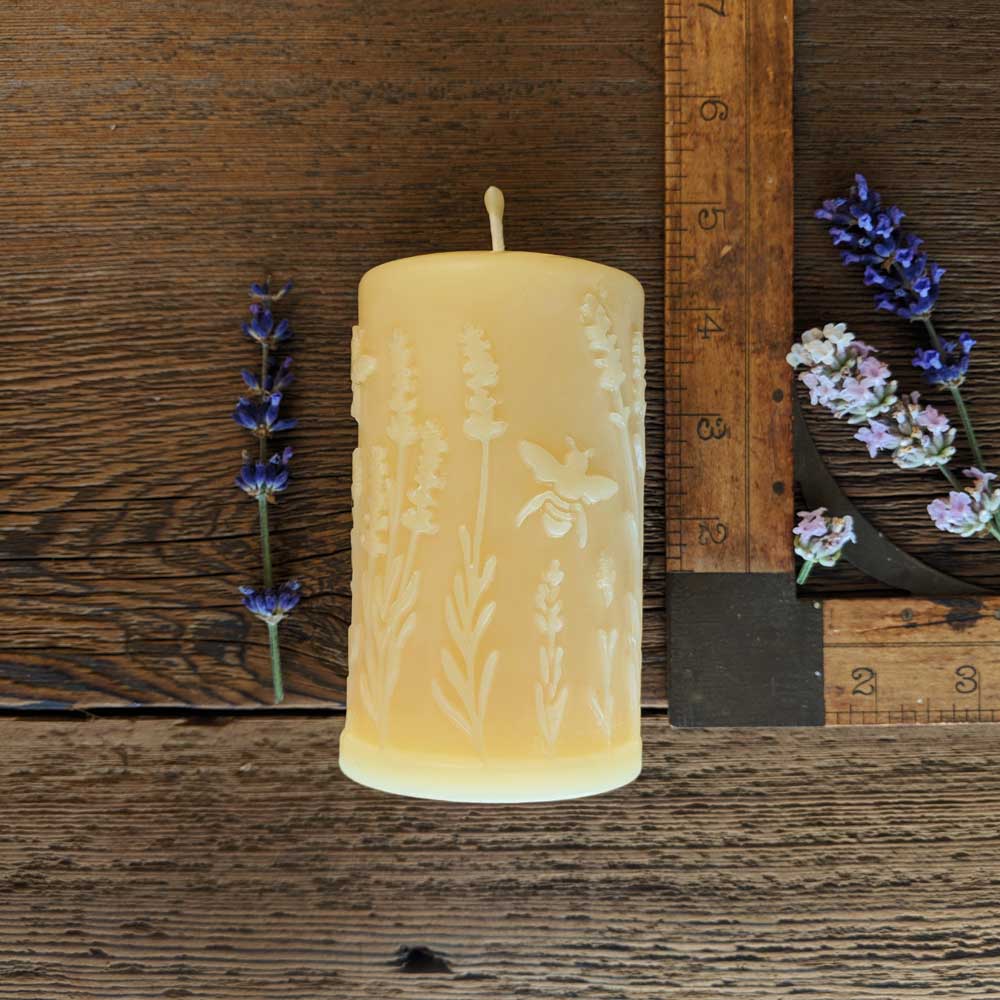 Beeswax Pillar Lavender and Bees Design 2.25" x 4" - Big Moon Beeswax