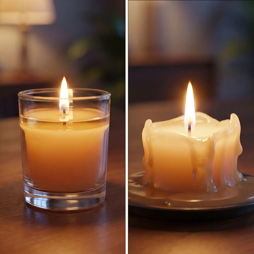 Side-by-side comparison of two lit beeswax votive candles:  in a glass votive holder the wax forms a contained melt pool, while without the holder the wax runs down the sides and puddles on the dish.