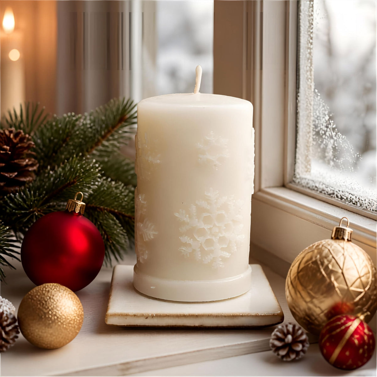 'First Snowfall' ivory 100% pure beeswax pillar candle with raised snowflake design, 3 x 5 inches, from Big Moon Beeswax