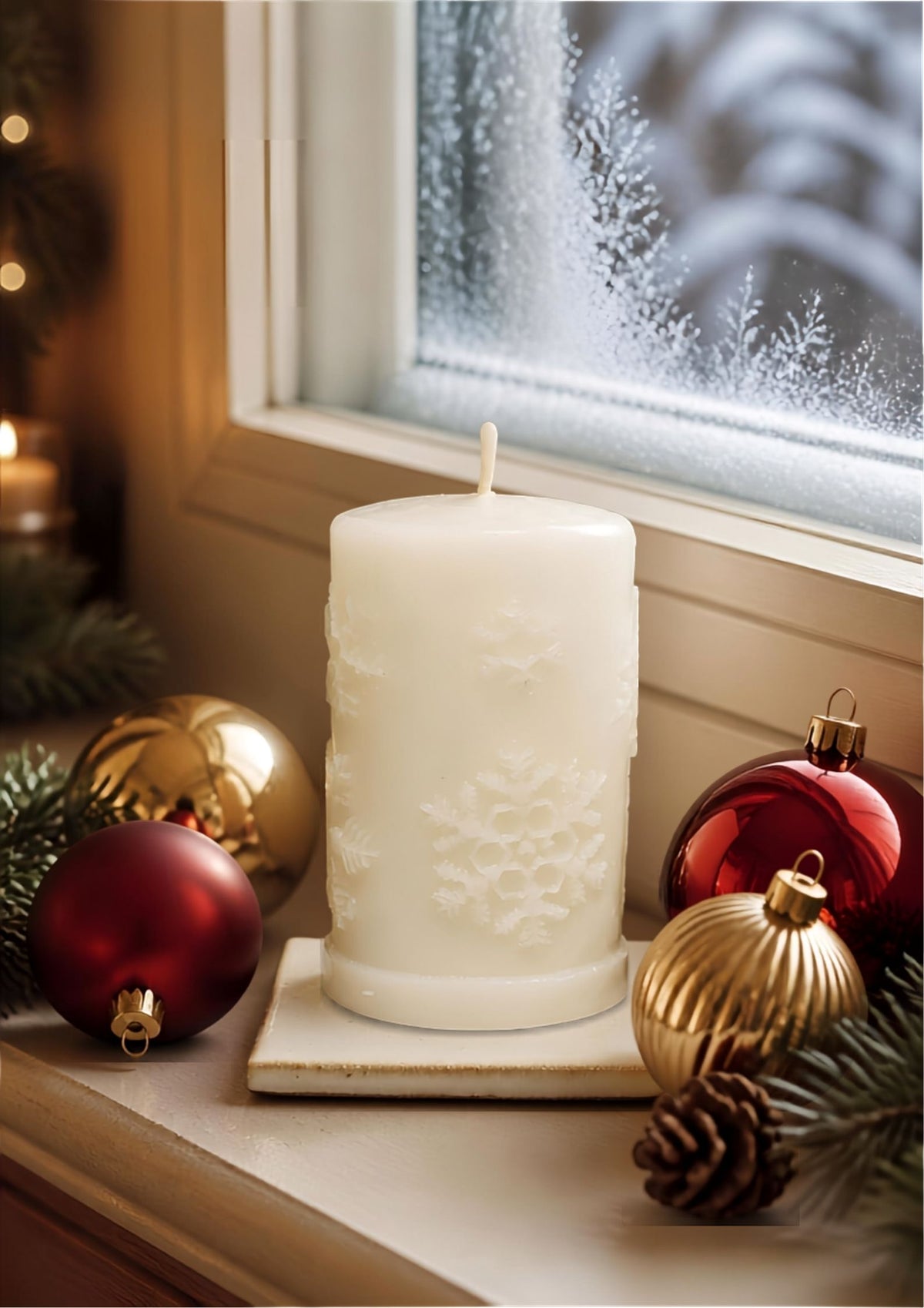 'First Snowfall' ivory beeswax snowflake pillar candle, lit
