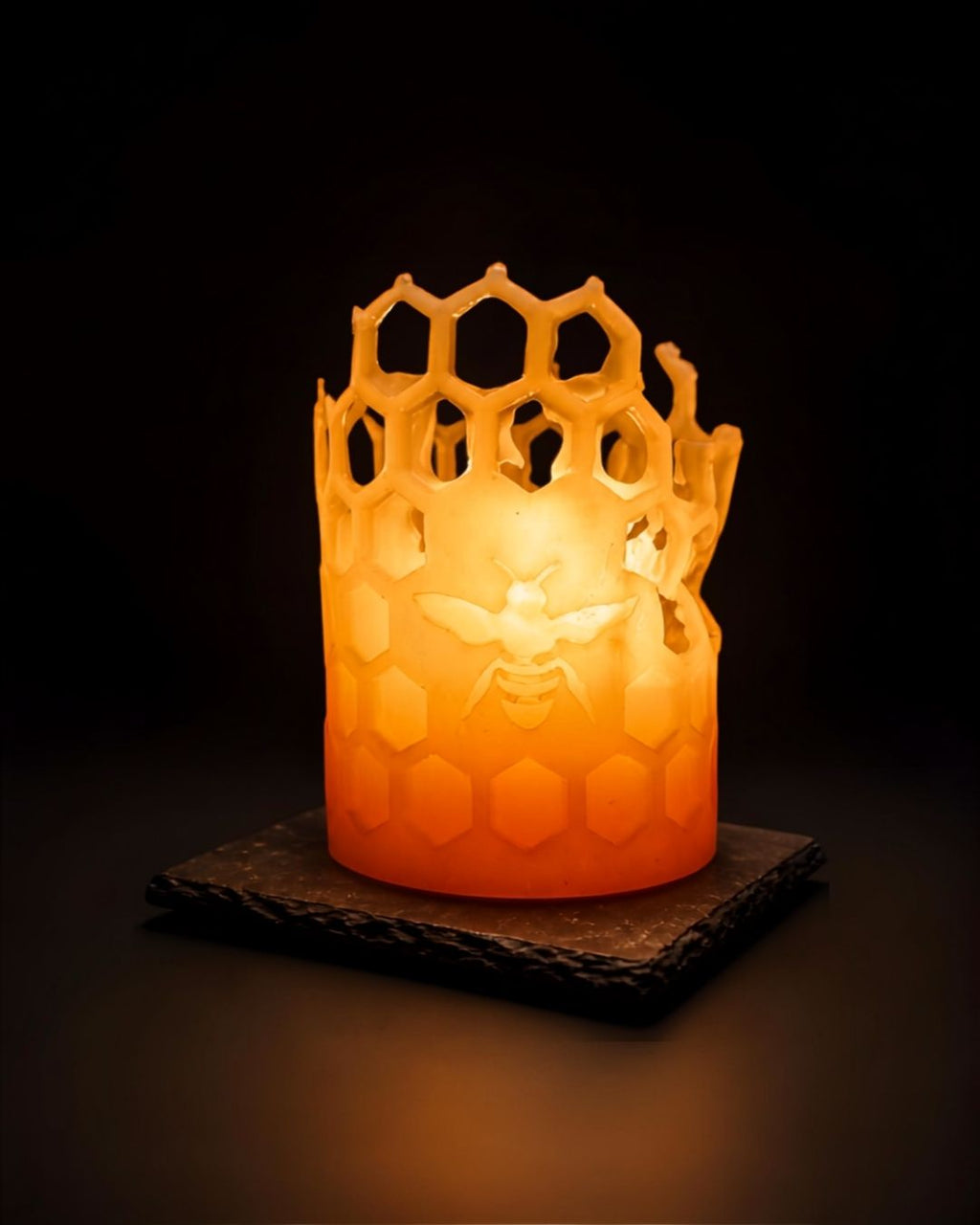 'Honey Bee' beeswax honeycomb pillar candle, lit