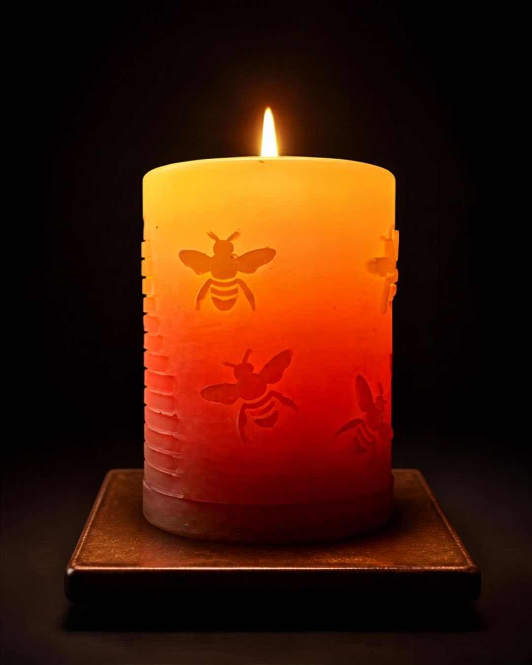 'Busy Bees' beeswax pillar candle, detail of the bee and skep design