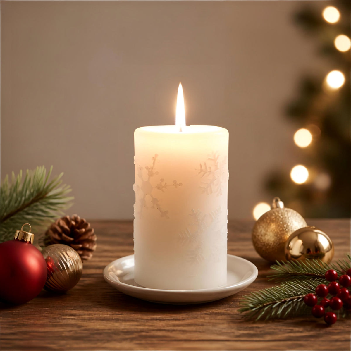 'First Snowfall' ivory beeswax snowflake pillar candle, detail view