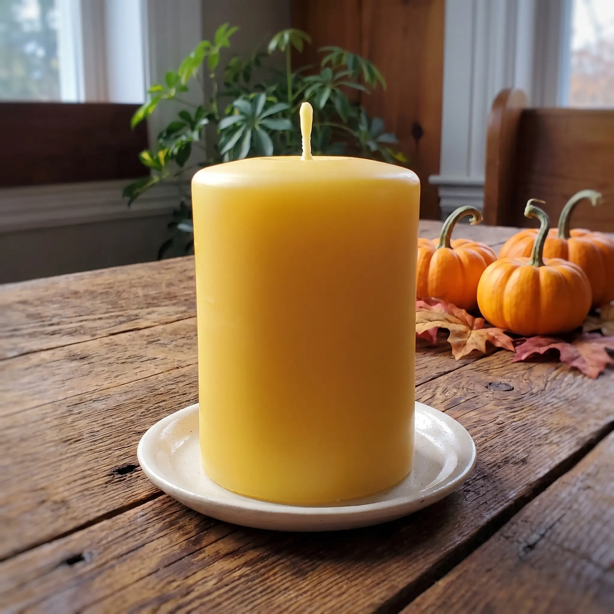Timeless Smooth pure beeswax pillar candle, unlit, on a cream ceramic plate on a wood table with autumn leaves and mini pumpkins