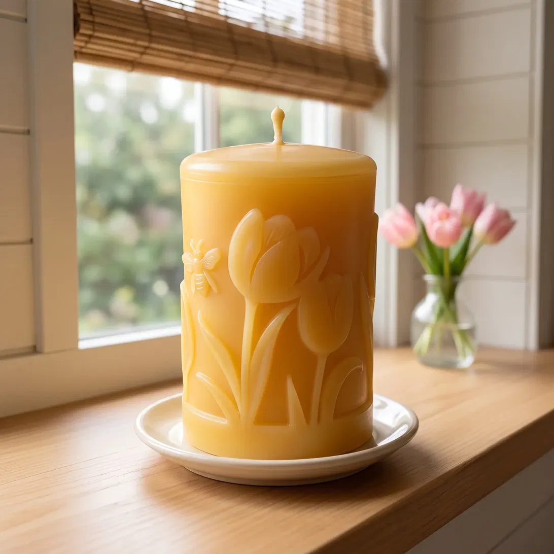 Tulips pure beeswax pillar candle, 3 x 4 inches, with raised tulip and bee design, on a cream plate on a sunlit windowsill