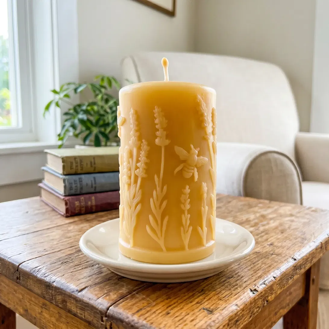 'Lavender Lovers' pure beeswax pillar candle with raised lavender and honeybee design, unlit on a cream ceramic plate beside old books in a sunlit reading corner