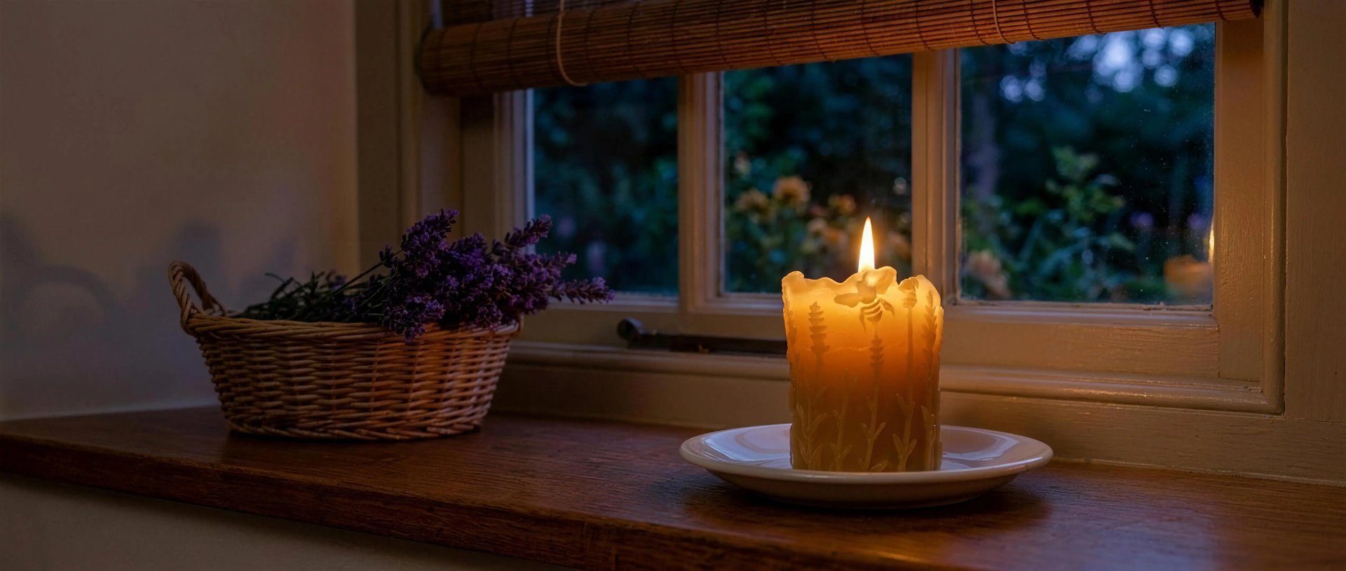Lit beeswax pillar candle glowing on a windowsill at dusk