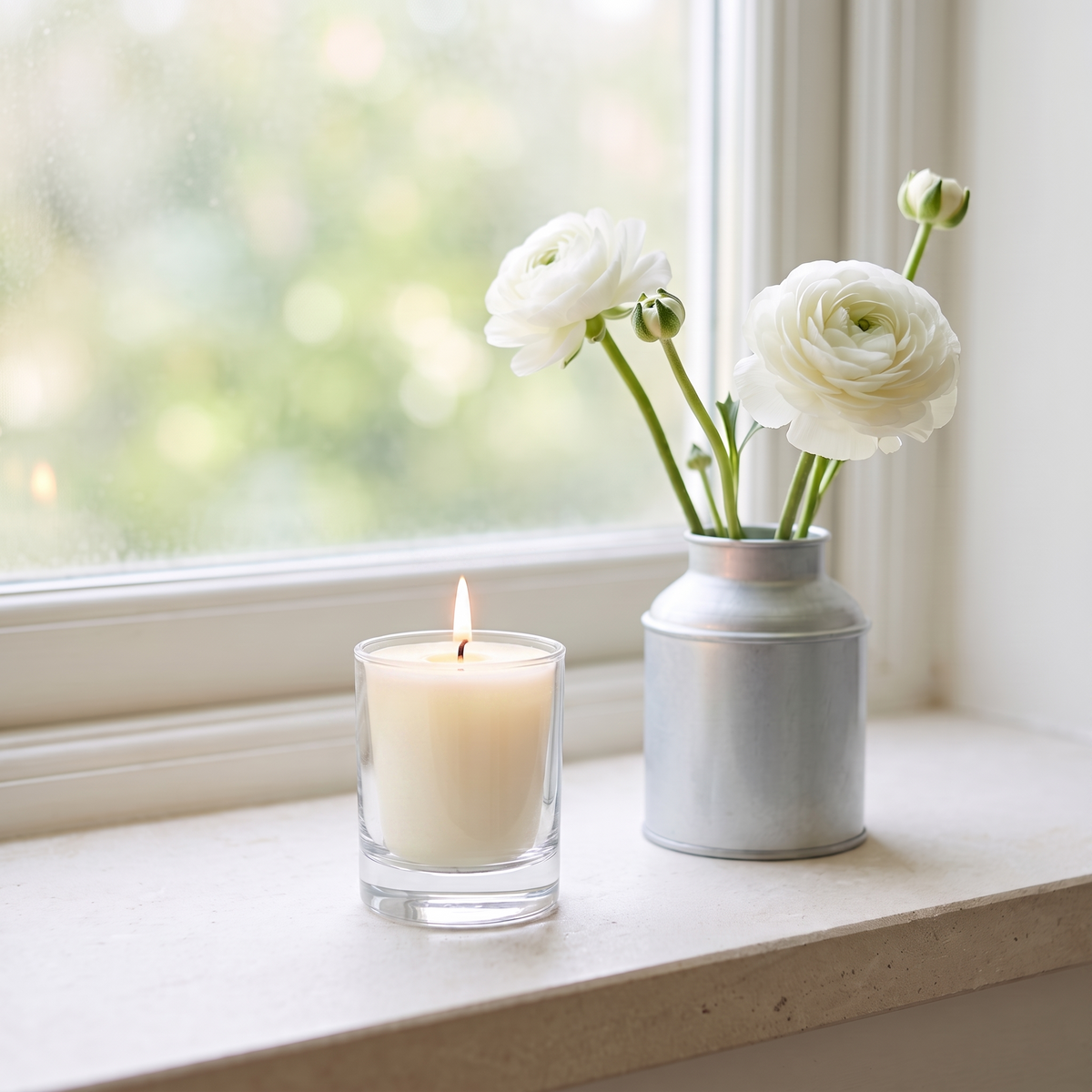 Ivory beeswax votive burning in a glass votive holder on a limestone windowsill in morning light, beside white ranunculus in a tin vase