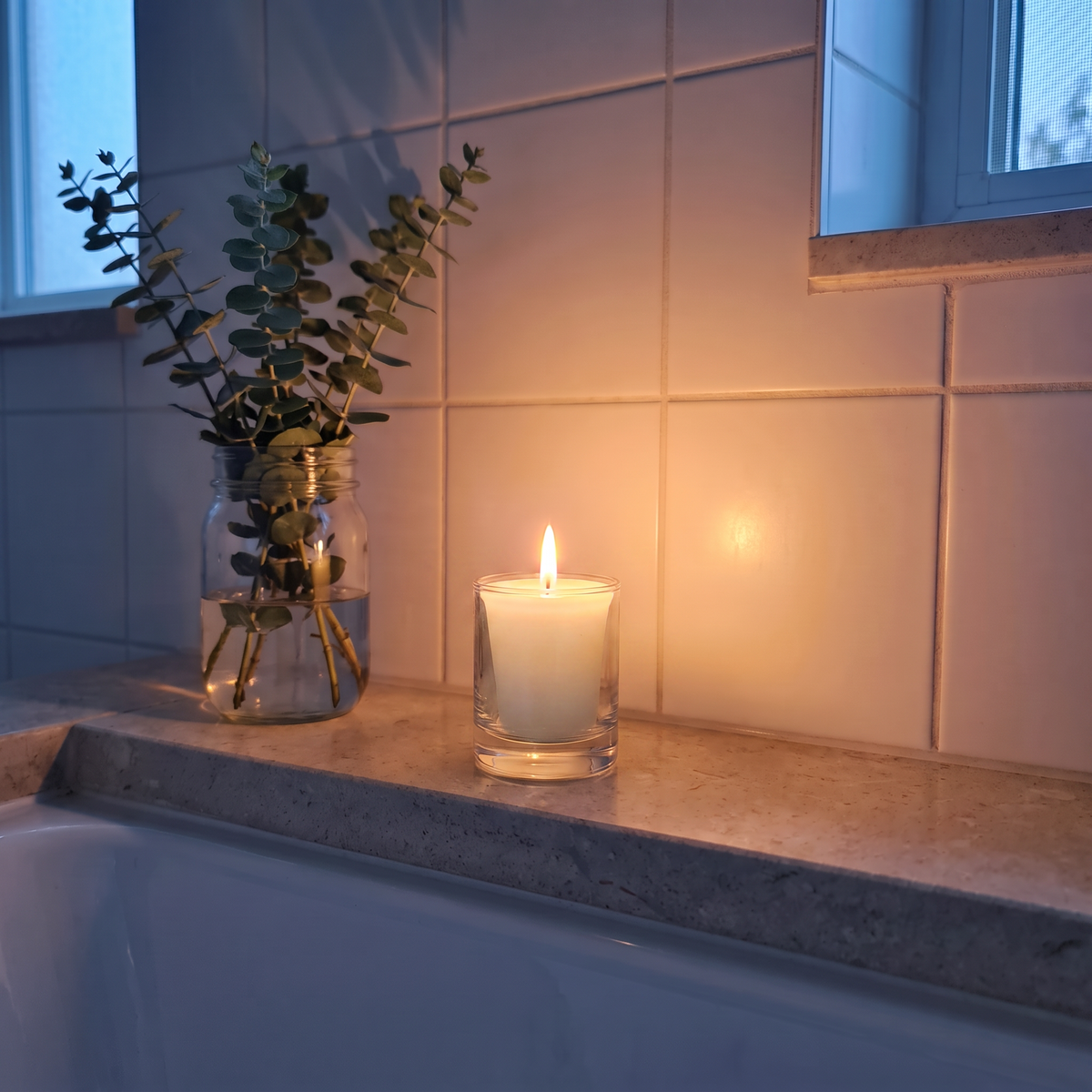 Ivory beeswax votive burning in a glass votive holder on a bathtub ledge at dusk, with eucalyptus in a glass jar
