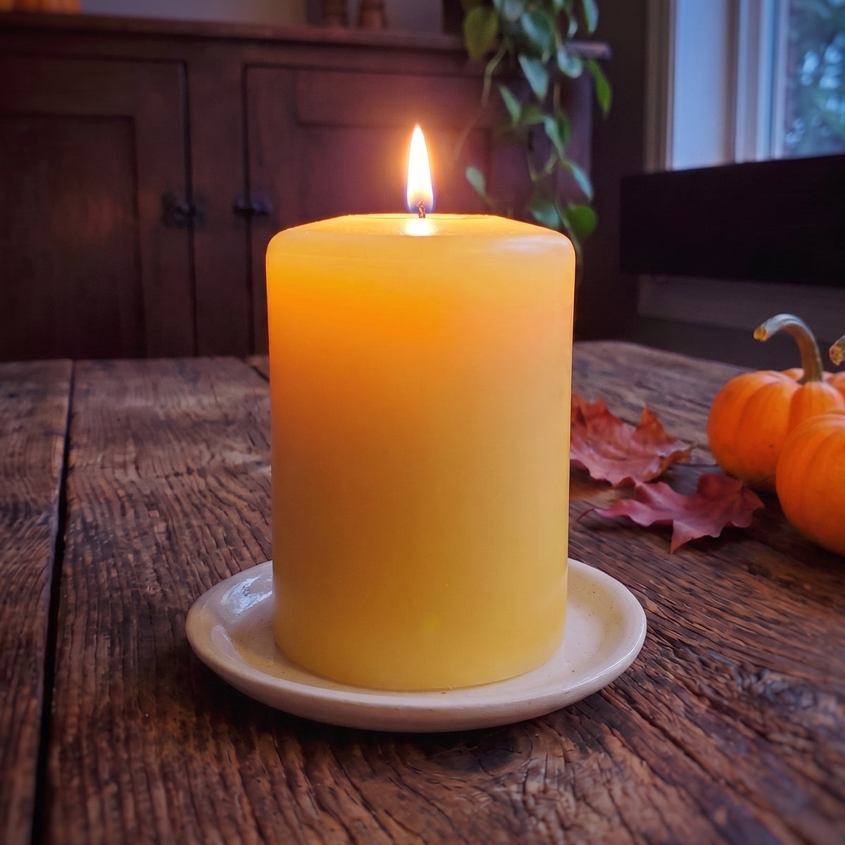 Timeless Smooth pure beeswax pillar candle, lit, on a cream ceramic plate on a wood table with autumn leaves and mini pumpkins