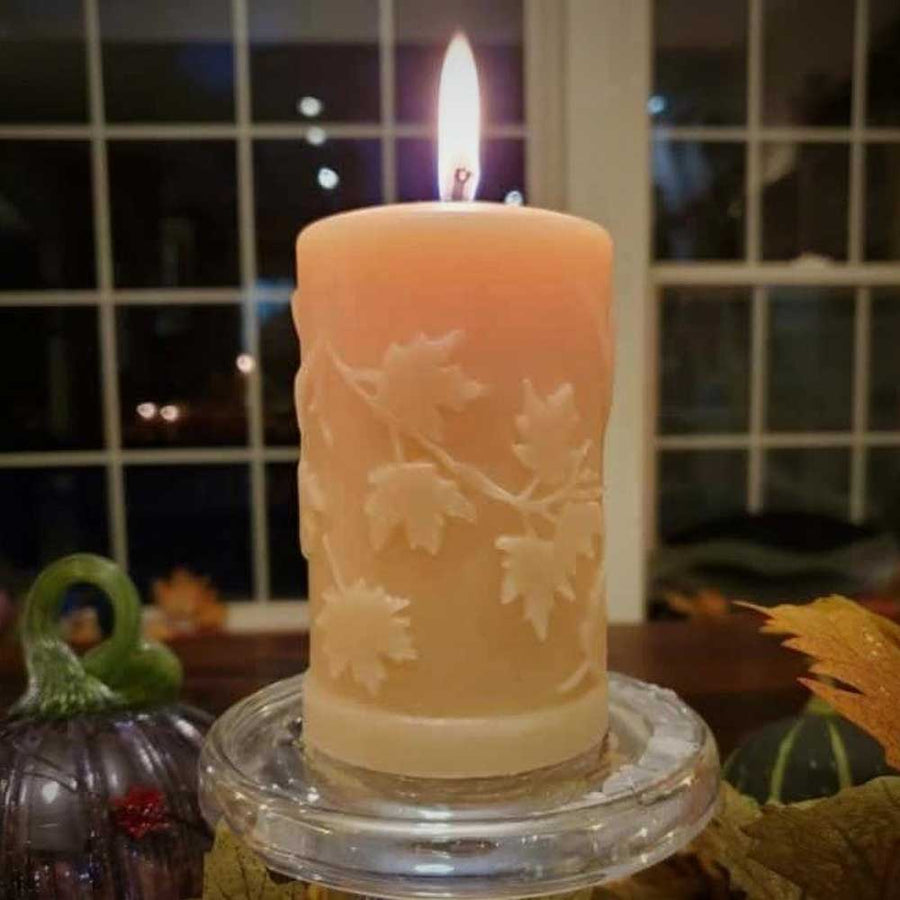 Beeswax Pillar Candle with fall leaves design. 