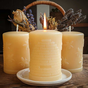 Beeswax Pillar Bee Skep Design 3"x4" - Big Moon Beeswax