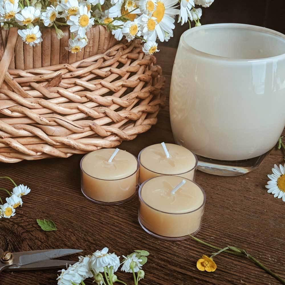 Beeswax Tealight candles in clear cups for  a fragrance-free home. 