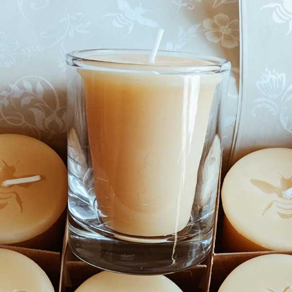 Clear glass votive holder, made in the USA, from Big Moon Beeswax