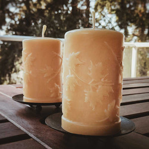 Beeswax Candle with fall leaves design. 