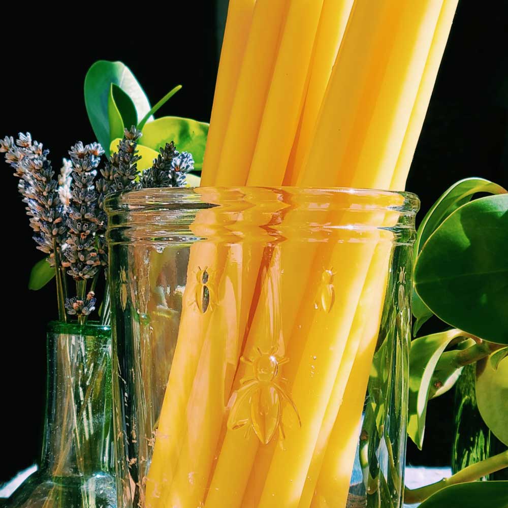 yellow beeswax tiny taper candles inside a glass holder