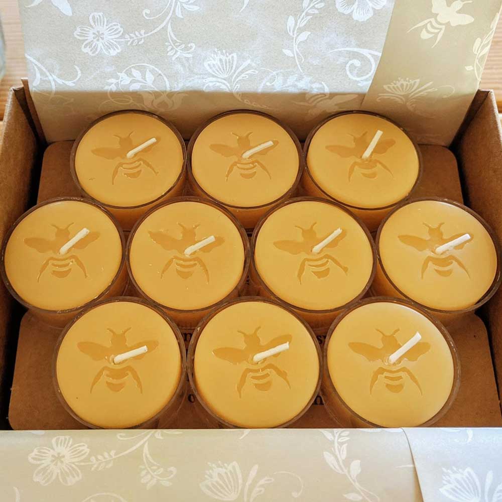 Beeswax tea light candles in clear cups from Big Moon Beeswax